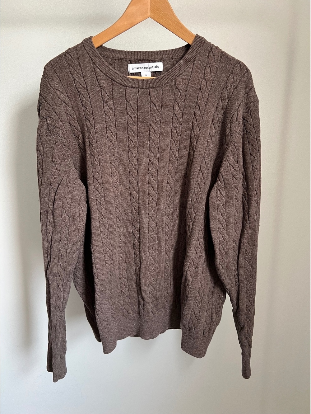 Amazon Essentials Men’s XL Brown Cable Knit Cotton Crewneck Sweater Pullover